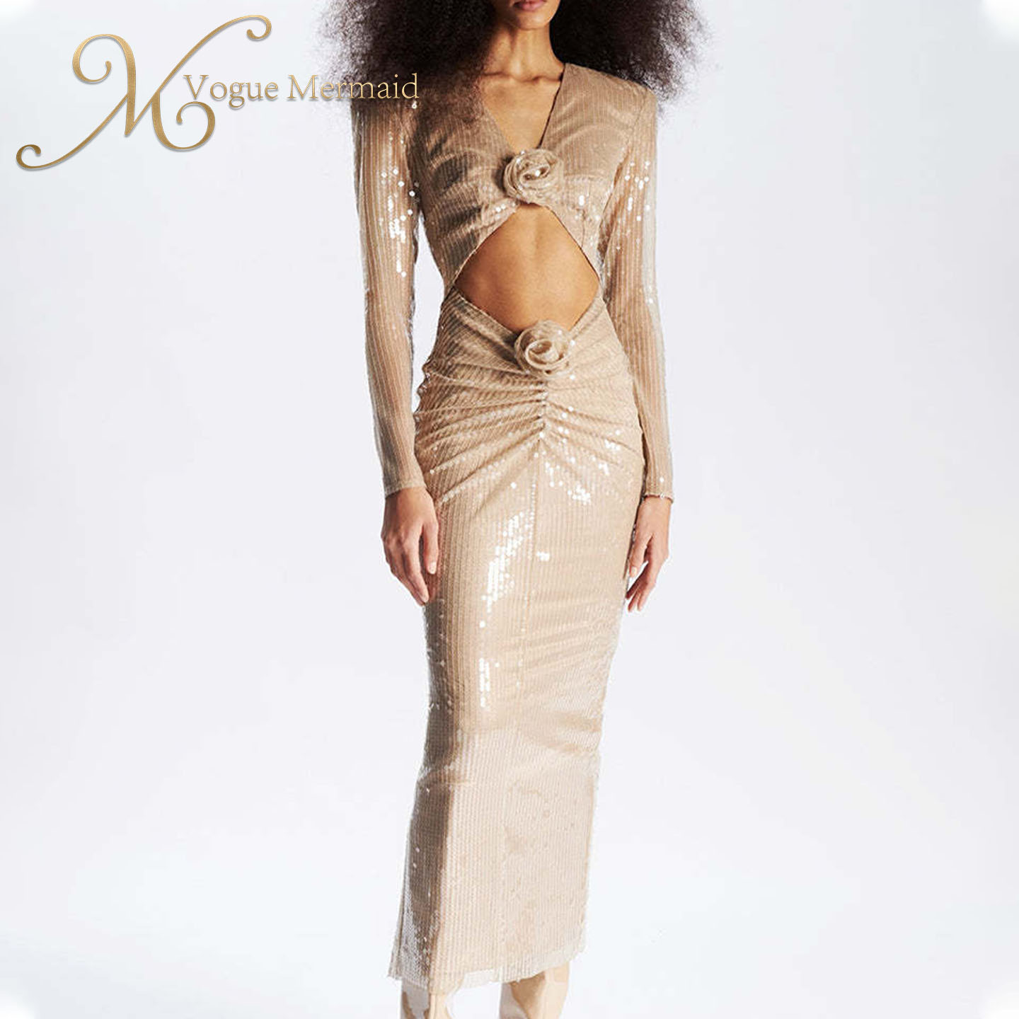 Women Apricot Floral Sequin Dress For Cocktail Prom